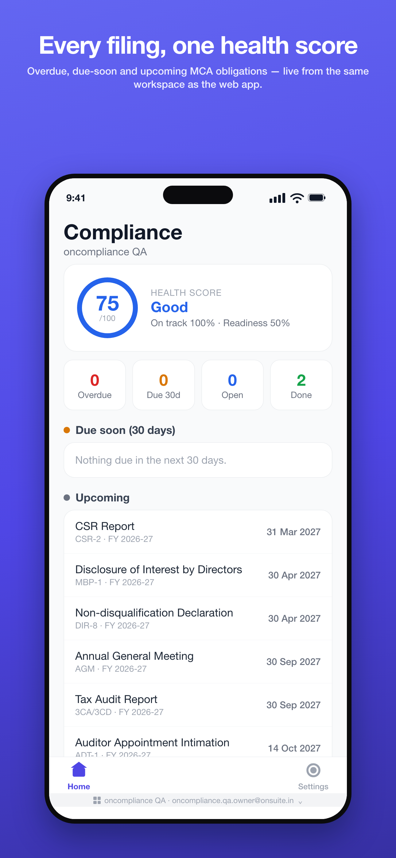 Phone, Home: compliance health score, overdue and due-soon counts, and the upcoming obligations