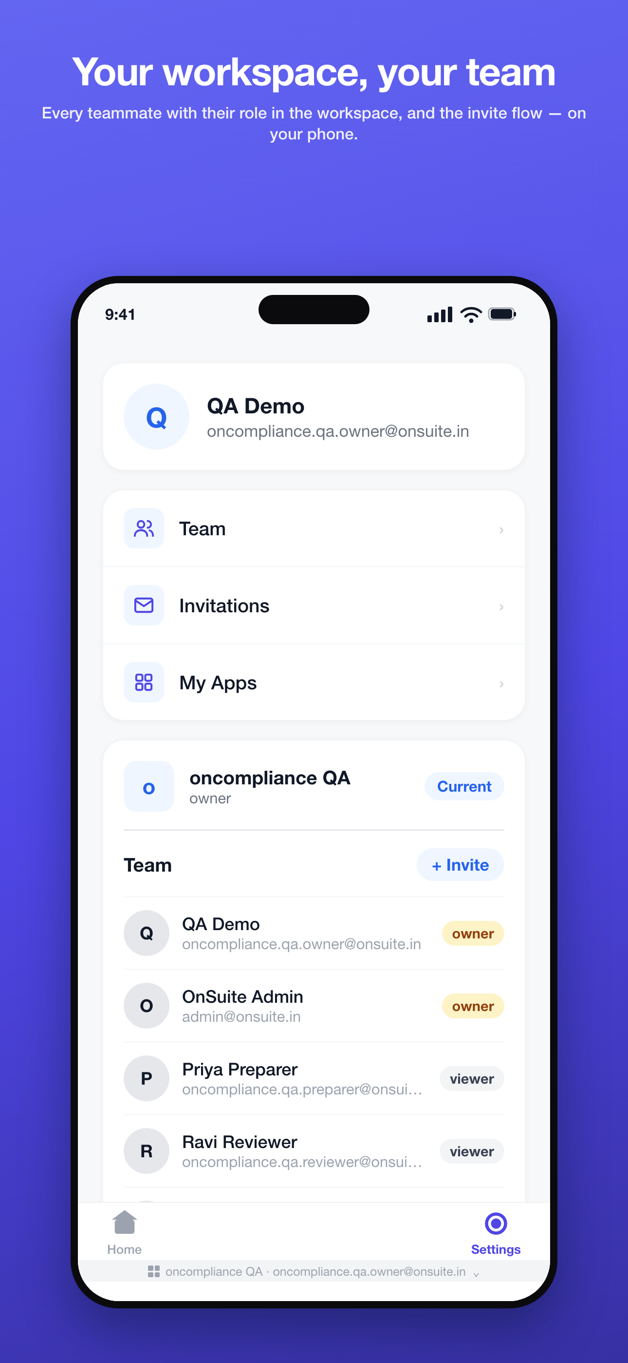 Phone, Settings: profile and the workspace team with each teammate's role