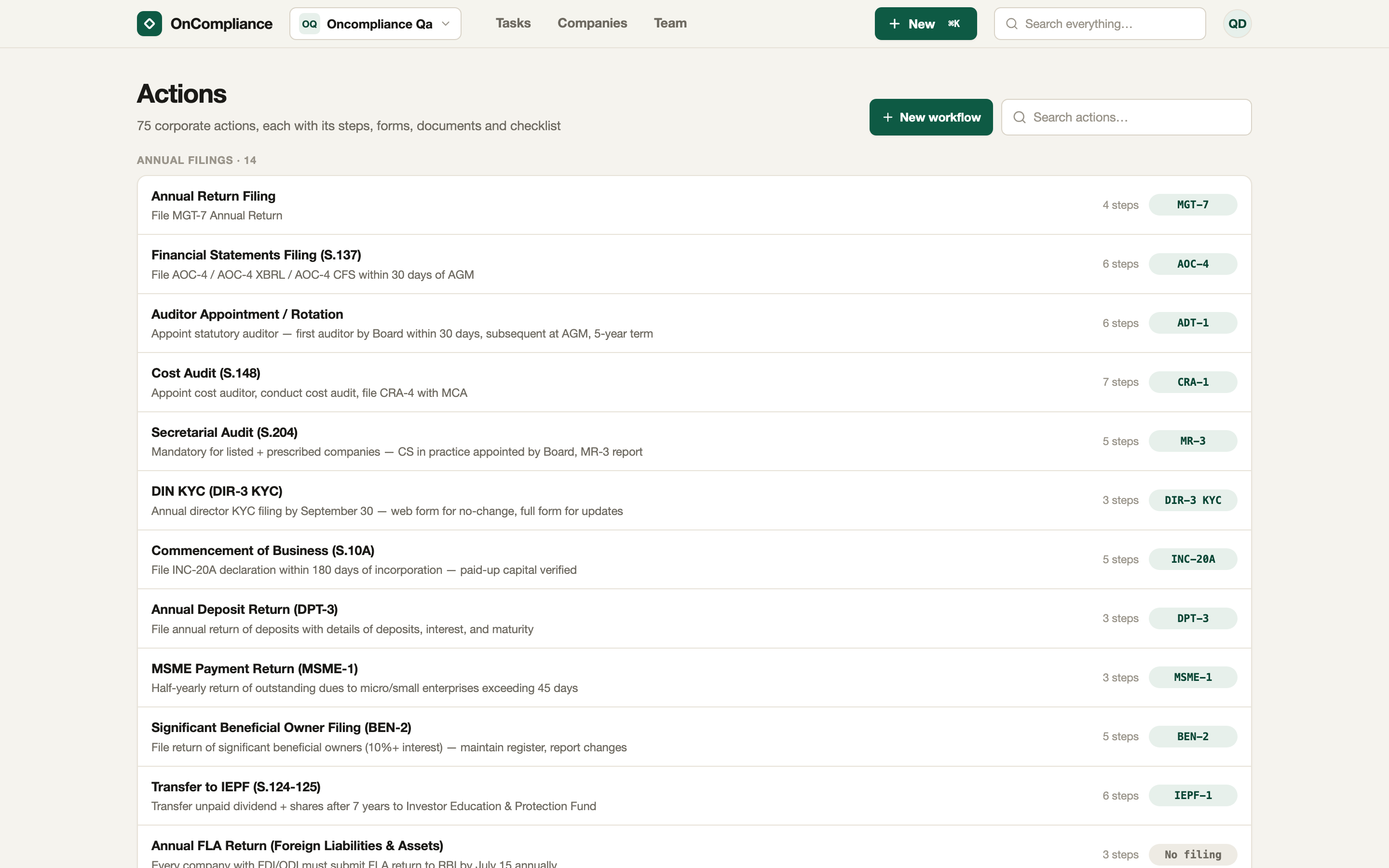 Actions: the catalogue of 75 corporate actions, each with its steps and primary MCA form