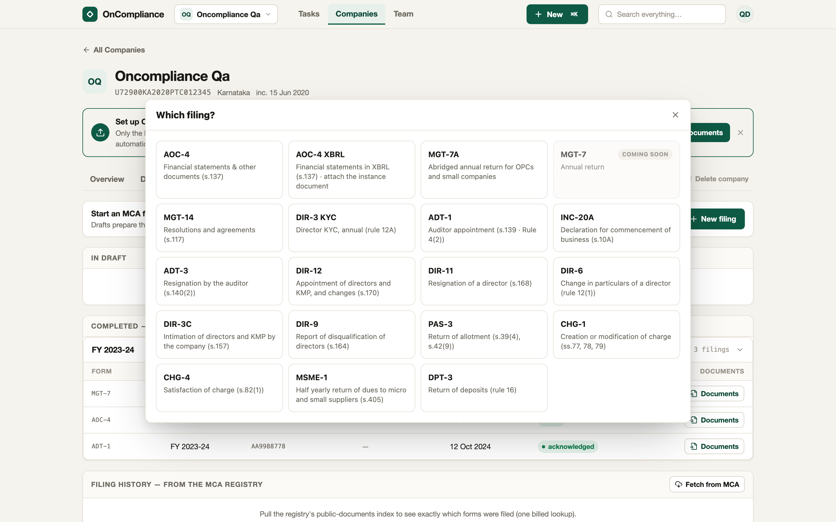 Filings: the Which filing? picker over the filing register, listing the MCA e-forms the app prepares